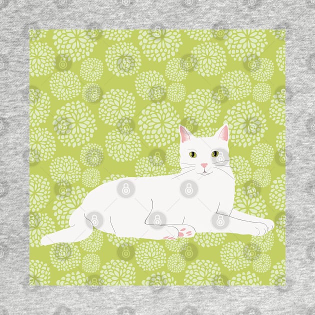 The cute and alert white cat is waiting and watching you in a fresh spring green meadow by marina63